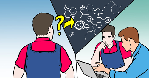 Eine Illustration, die zeigt, wie Unternehmer auf der Suche nach digitalen Lösungen für ihr Unternehmen sind, aber diese erst mit unserer Hilfe eingeordnet bekommen.