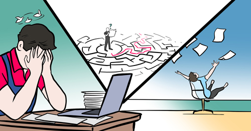 Im Vordergrund ist ein verzweifelter Unternehmer zu sehen, der alleine keinen Weg für eine geeignete Digitalisierungsstrategie findet. Die Suche gleicht einem Irrgarten.